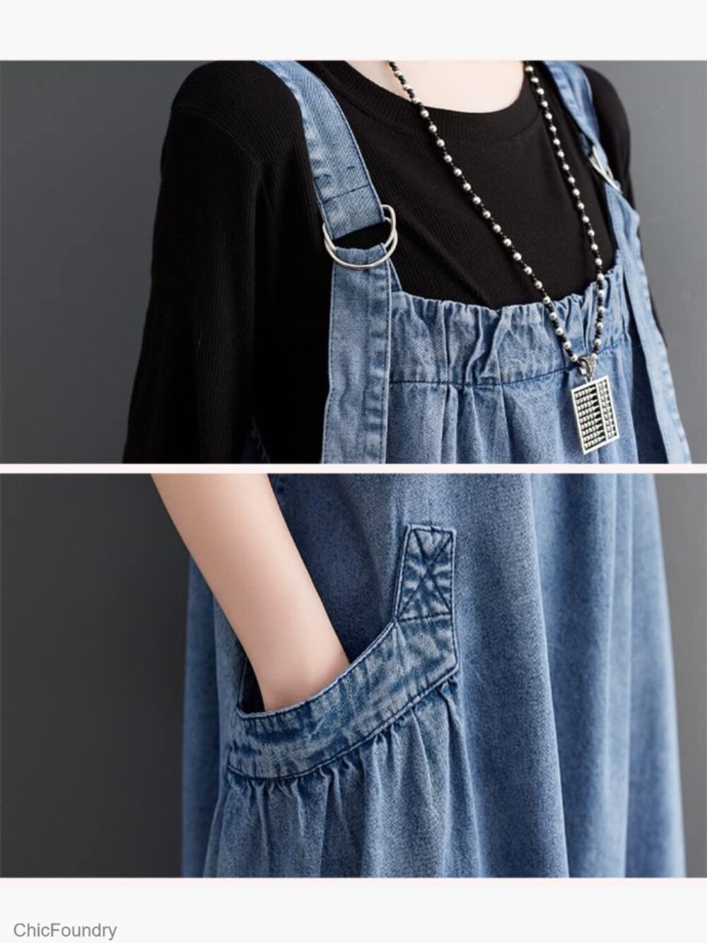 Denim Jumper Dress Loose Fit Maxi Length Adjustable Straps A-Line - Picture 5 of 6